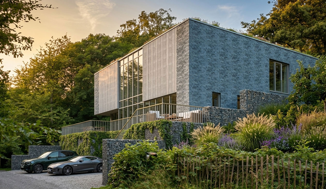 Le gîte de Profondeville dans son écrin végétal au crépuscule
