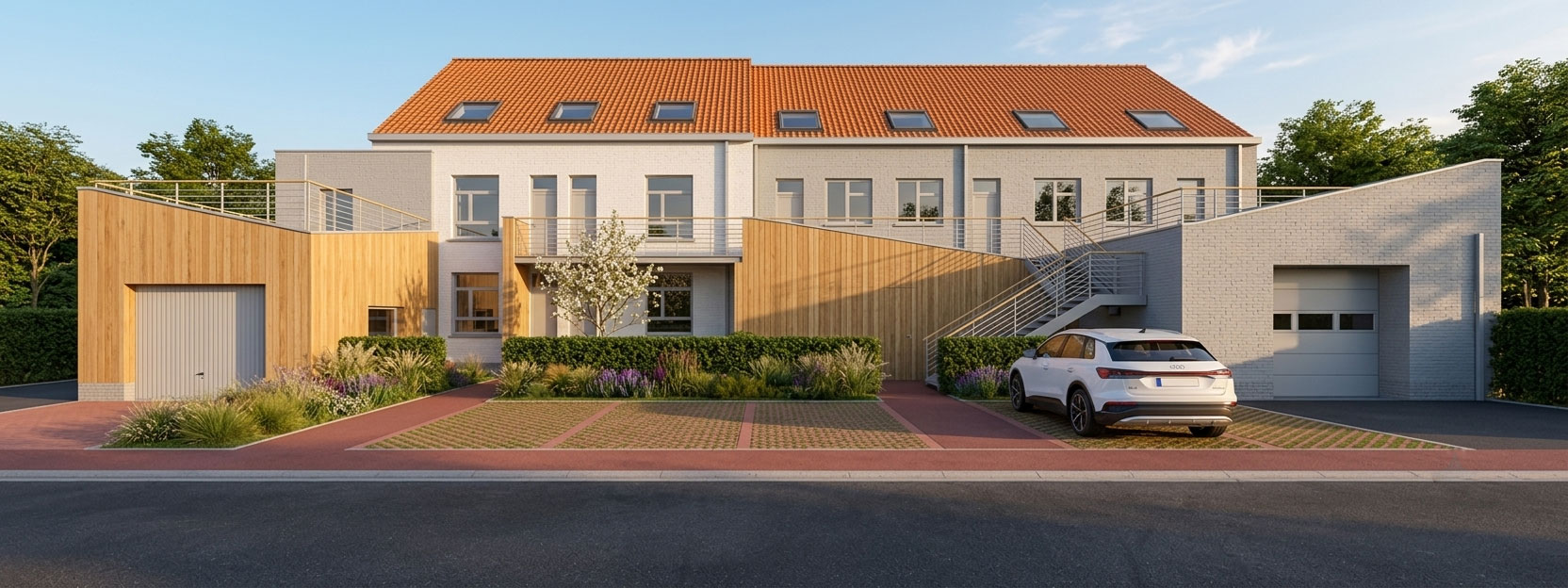 Front bâti des maisons mitoyennes à Fleurbaix, carports bois